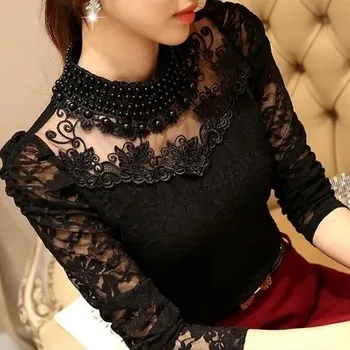 

Winter Tshirt Womens Casual Pearls Lace Turtleneck Long Sleeve Top Slim T-shirt Warm Elegant Vintage Clothing Mujer 2020 T07707B