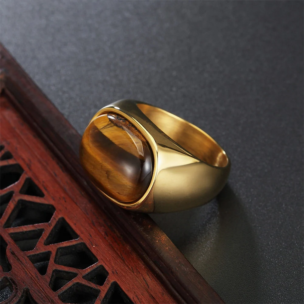 Gold Color Rings Stainless Steel Ring Finger Ring Gold Color Ring Gold/steel Color Retro Tiger Eye Brown Stones Rings For Men Women Classic Elegant Simple Jewelry Gift