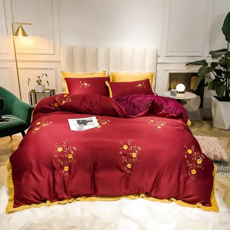 Цветочный Вышивка темно-синий набор из стеганого одеяла и покрывала queen King size хлопок флис теплый комплект постельного белья простыня набор с 2 подушками - Цвет: Color 3