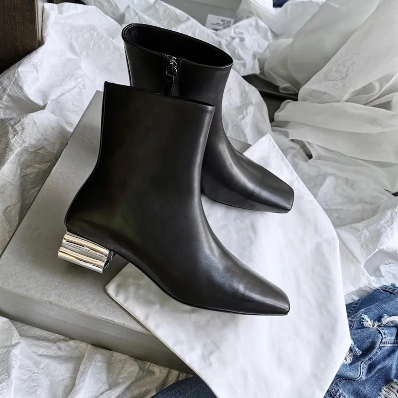 

BELLECOM Metal With Square Chelsea Genuine Leather Coarse With 2019 Thin Black Domineering Lady Short Boots Woman Autumn Single