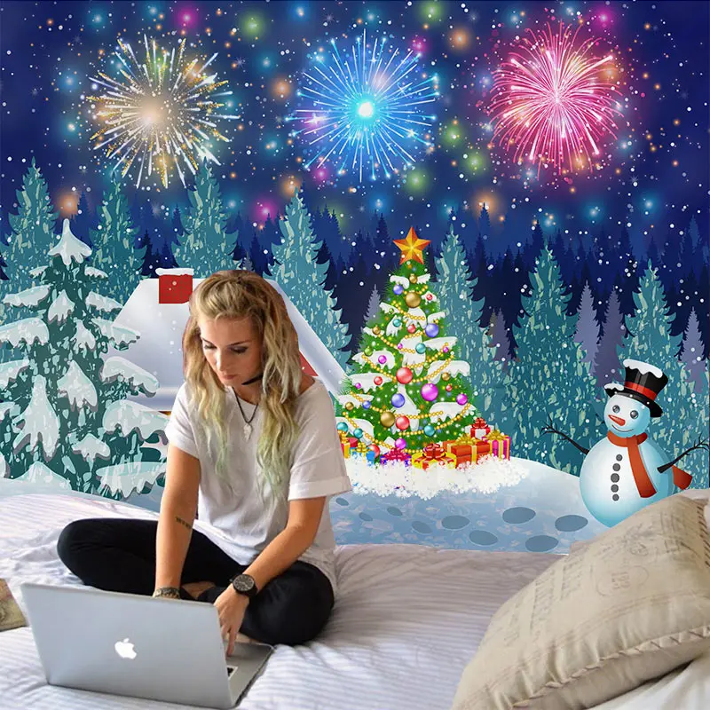 Weltexhome Christmas Fireworks Wall Hanging Merry Christmas Tapestry For Home Deco Christmas Gift Print Tapestries Plus Size