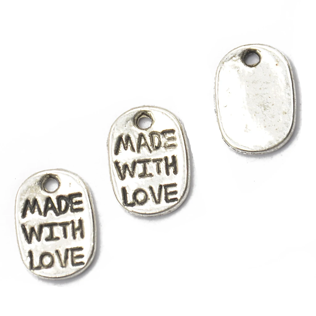 150 Pieces MADE WITH LOVE Rectangle Oval Heart Shape Pendant DIY Findings Antique silver color Making Craft