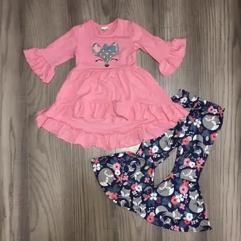 

baby Girl clothes girls squirrel coral dress kids floral bell bottom pants children fall set