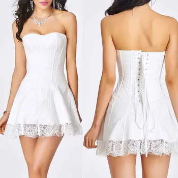 

Sexy Base Backless Dress Fashion Lace up Corset Dress Bustier Tutu Petticoat Mini Solid White Dresses