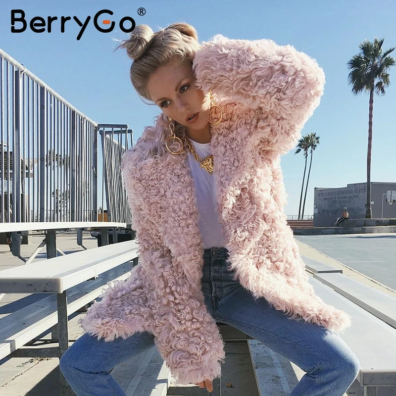 

BerryGo Fashion streetwear large sizes long coat female plush Pink casual autumn coat outerwear Warm winter faux fur coat women
