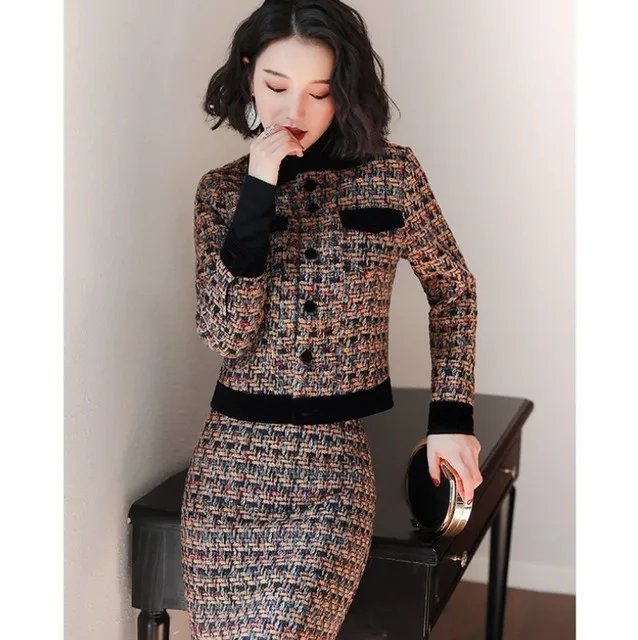 Autumn Winter Vintage Tweed Dress Women 