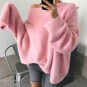 

2019 Autumn Winter Women's Sweaters Korean Style Weed Fake Mink Cashmere Sweaters Pullovers Slash Neck Loose Sweaters Tops
