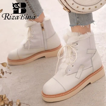 

RIZABINA Cow Leather Women Snow Boots Plush Fur Warm Winter Shoes Women Zipper Cross Strap Flats Short Boot Footwear Size 34-39