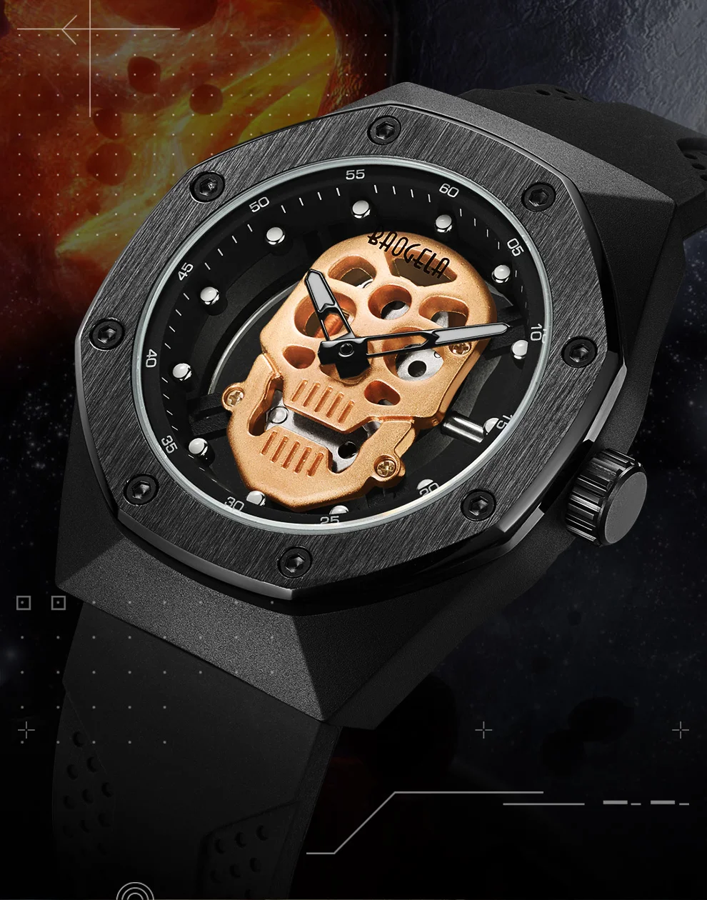 BAOGELA Men's Skull Quartz Watches Luxury Military Sports Wristwatch Male Silicone Skeleton Watch Male Relogios Masculino 1902