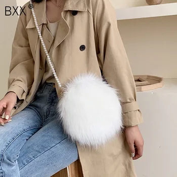 

[BXX] Faux Fur Crossbody Bags For Women 2020 Solid Color Winter Pearl Chain Shoulder Messenger Bag Lady Warm Handbag Purses a240