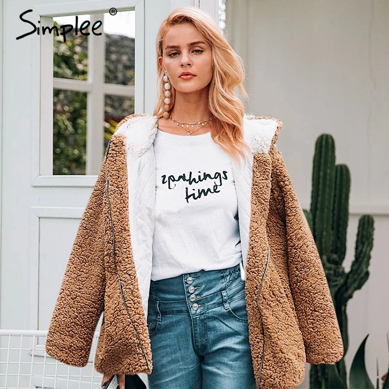 Женская шуба из плюшевого меха Simplee теплое плотное пальто с капюшоном верхняя