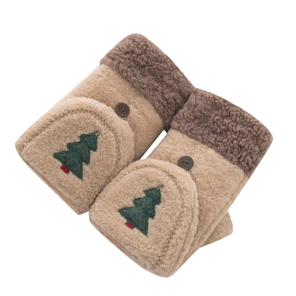 Новинка, зимние женские перчатки, зимние перчатки на полпальца, толстые плюшевые перчатки с рисунком, перчатки без пальцев#3s - Цвет: Коричневый