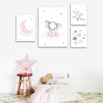 

Pink Moon Elephant Cartoon Child Poster Nursery Quotes Art Canvas Print Wall Painting Nordic Kid Baby Girl Room Decor Picture