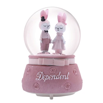 

Couple Rabbits Figurine Colorful Light Crystal Ball Wedding Decoration Accessories Miniature Model Love Music Box Ornament Gifts