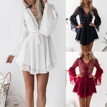 

Sexy Dresses Irregular Hem Dress Women Dress Long Flared Sleeve Crochet Hollow out Chiffon Bandage Mini dress Ladies Dresses