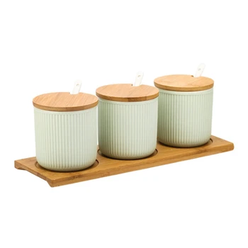 

Color Glaze Ceramic Seasoning Jar Combination Set Three-Piece Kitchen Seasoning Box Wooden Tray (Green)