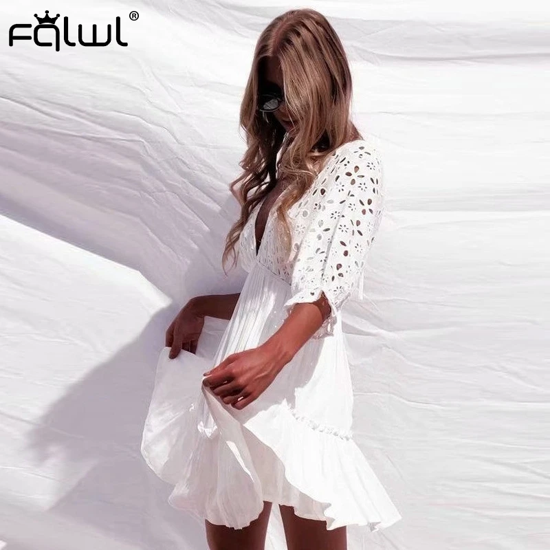 FQLWL Hollow Out Mesh Summer Beach Casual Dress Women N Neck Ruffles Pleated Sexy Mini Dress White Red Black Bandage Short Dress