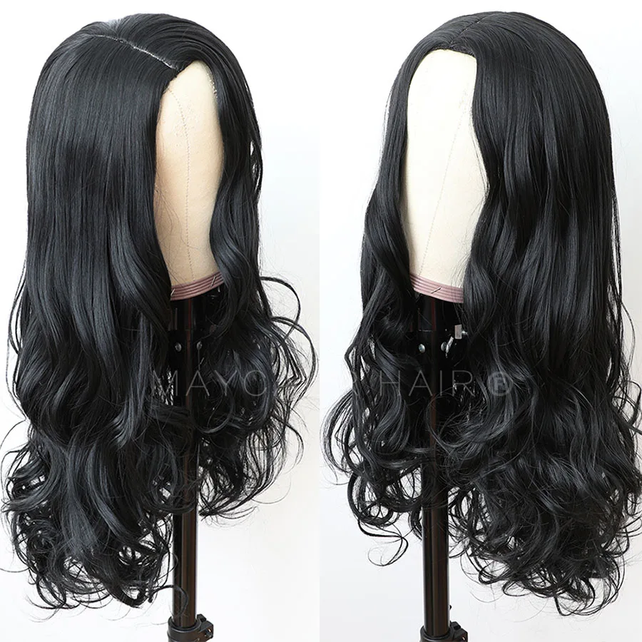 Maycaur Long Wavy Wig with Side Bangs Black Brown Red Synthetic Hair Wigs for Black Women Glueless Heat Resistant Fiber Hair (1)