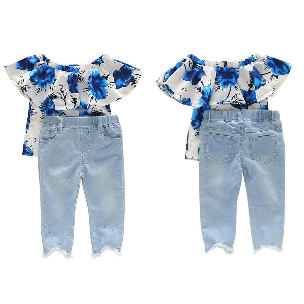 

Baby Girls Outfits Ruffle Girls Clothes Jeans Set 2020 Summer blue Rose Kids Denim Clothing For Girl 2Pcs Tees+Denim Pant D30
