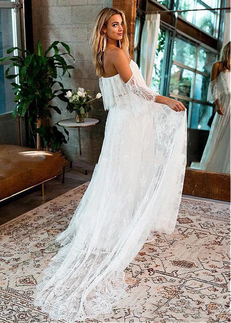 Винтаж с открытыми плечами; кружевное летнее Boho свадебный наряд страны с длинными рукавами и открытой спиной на заказ Свадебный платья