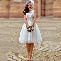 Knee Length Wedding Dress 2024 A Line White High Neck Appliqued Lace Bride Dresses Boho Backless Short Wedding Gowns trouwjurken
