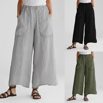 

ZANZEA Oversized Women Wide Leg Pants Ladies Casual Loose Pockets Trousers 2020 Fashion Bottoms Elastic Waist Cotton Streetwear