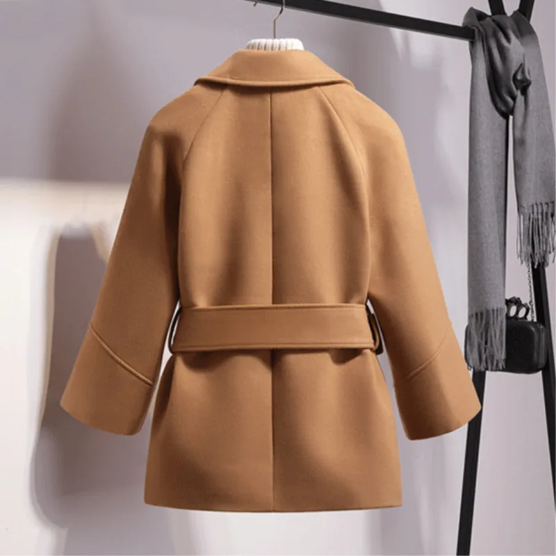 Woherb/женское Короткое шерстяное пальто с поясом, куртка с длинным рукавом, Корейская накидка, пальто, верхняя одежда, куртки, повседневное осенне-зимнее элегантное пальто
