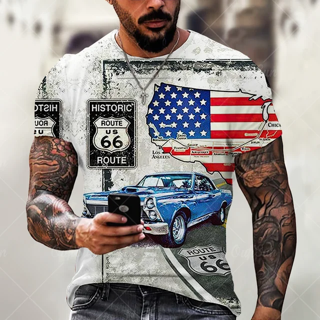 Summer New Mens T Shirts Oversized Loose Clothes Vintage Short Sleeve Fashion America Route 66 Letters Printed O Collared Tshirt OFSM-00726