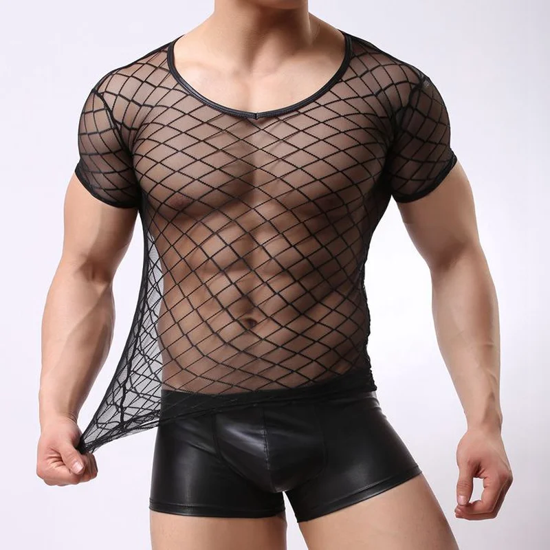 

Sexy Men Undershirts Plaid Mesh Transparent Short Sleeve Shirts Gay Lenceria Exotic Clubwear Male Sleepwear Roupas Masculinas
