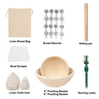 

Rattan Banneton Proofing Basket Set with Bread Lame Rolling Pin Linen Cloth Round Basket Bread Fermentation Baking Tools Kit