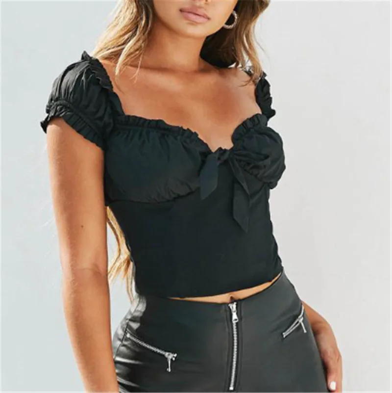 

Off Shoulder Women Crop Top T Shirts Summer Ladies Short Sleeve Ruffle Bow Knot Lace Up Tees Pullovers High Street Femme Clothes