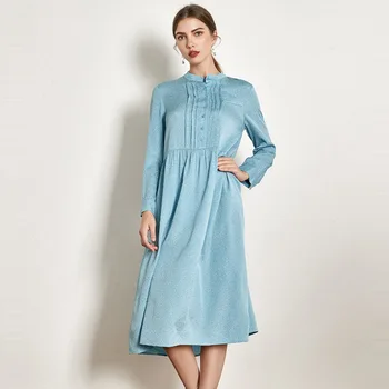 

sky blue real silk dresses women natural silk 2019 high quality girls work boho shirt dress loose elegant plus size long sleeve