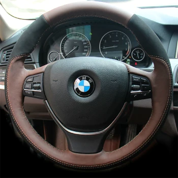 

Car Steering Wheel Cover Customize Hand-Sewing Black Suede Brown Leather for BMW 3 5 Series 520i 523i 525Li X3 X5 320i Li