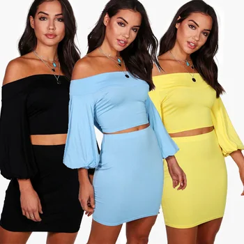 

Daily suit OWLPRINCESS Autumn New Style Long Sleeve Horizontal Neck Navel Tops Dress Sexy Short Skirt