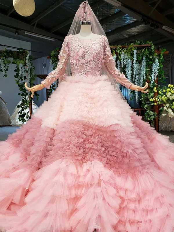 as photo pink BGW/вечернее платье с длинным рукавом, круглым вырезом и аппликацией 3D цветов, Многоуровневое Тюлевое бальное платье для невесты, vestidos De Novia Corte Princesa - Цвет: as photo pink