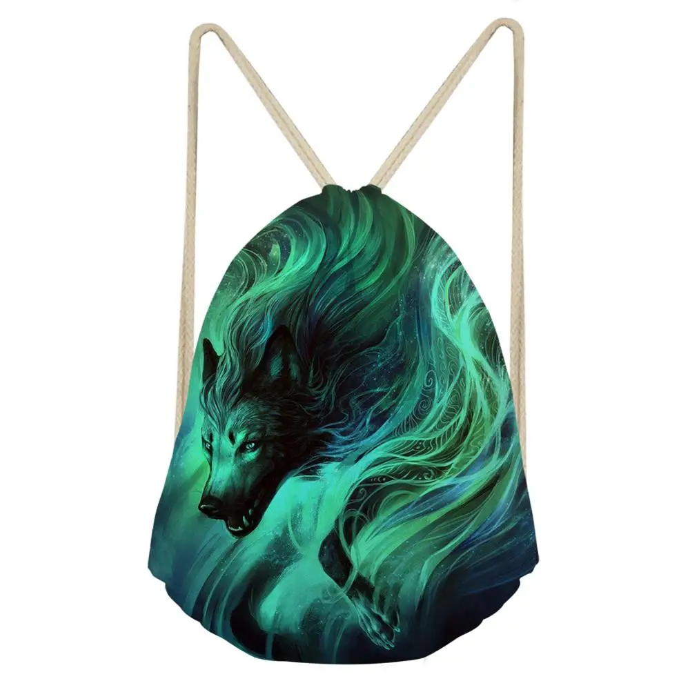 HaoYun Women's Travel Drawstring Backpack Fantasy Wolf Animal Pattern Beach Shoes Pockets Fashion Girls Mini Organizer Bags