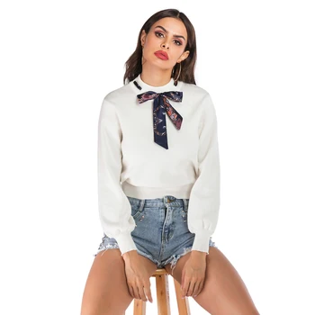 

Knitted Sweater Women Autumn Short Sweater Preppy Long Sleeve O-Neck Bow Fashion Cute Casual Sweater Streetwear Womens Clothing