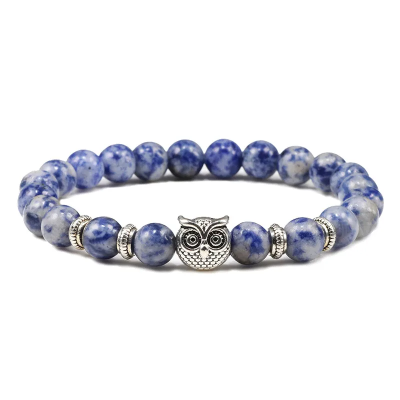Мужской браслет из камня тигровый глаз, 8 мм Малахитовый браслет с головой совы, очаровательные браслеты из бисера, женский браслет, браслет для йоги, ювелирные изделия, браслеты - Окраска металла: Blue Dot