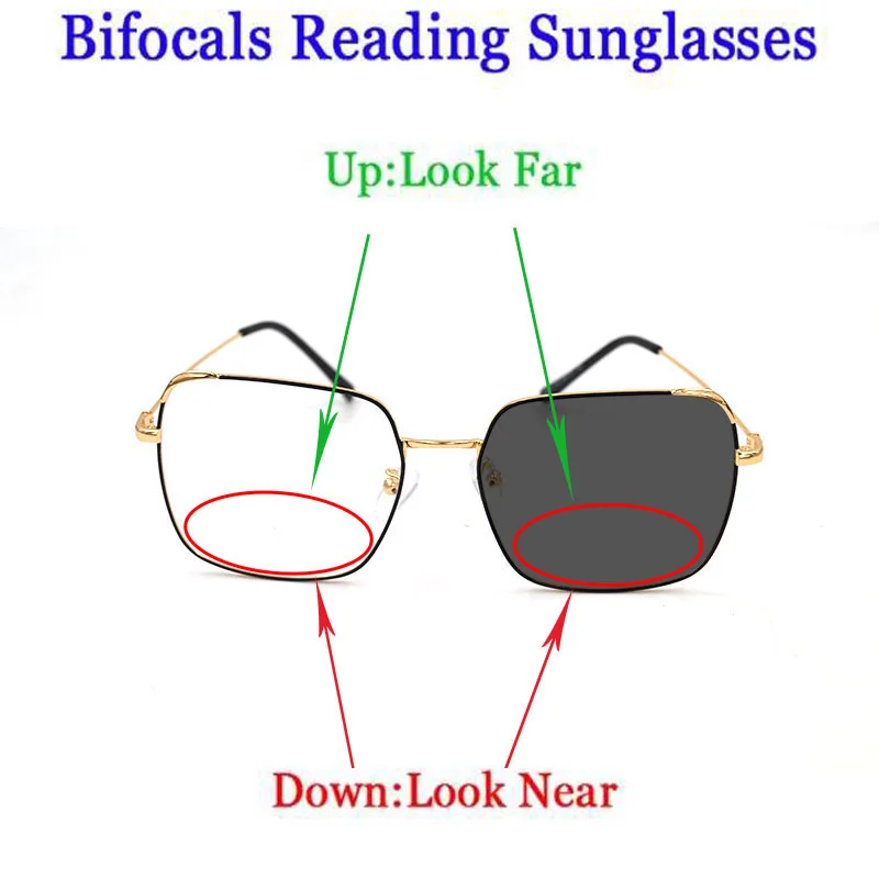 

New Fashion Intelligent Photochromic Bifocals Reading Sunglasses Magnifier Look Near Far Presbyopic Glasses Metal Square Frame