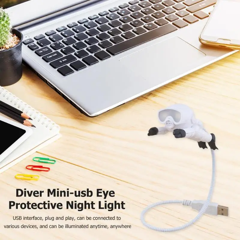 Светодиодный мини-ночник в форме ныряльщика, 5 В, питание от USB, 360 градусов, практичный Универсальный крученый шланг, кнопка защиты глаз, тип освещения