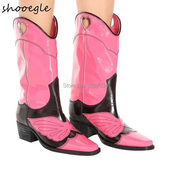 

2019 New Genuine Leather Mixed Color Mid Boots Women Butterfly Motorcycle Booties Slip On Shoes Autumn Winter