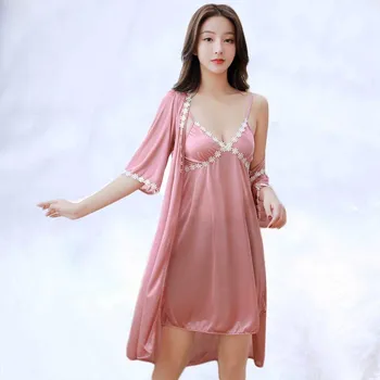 

Summer Short-Sleeved Sling Sexy Lace Spring And Autumn Ice Silk Nightdress Home Service Pajamas Women'S Two-Piece Suit Silk