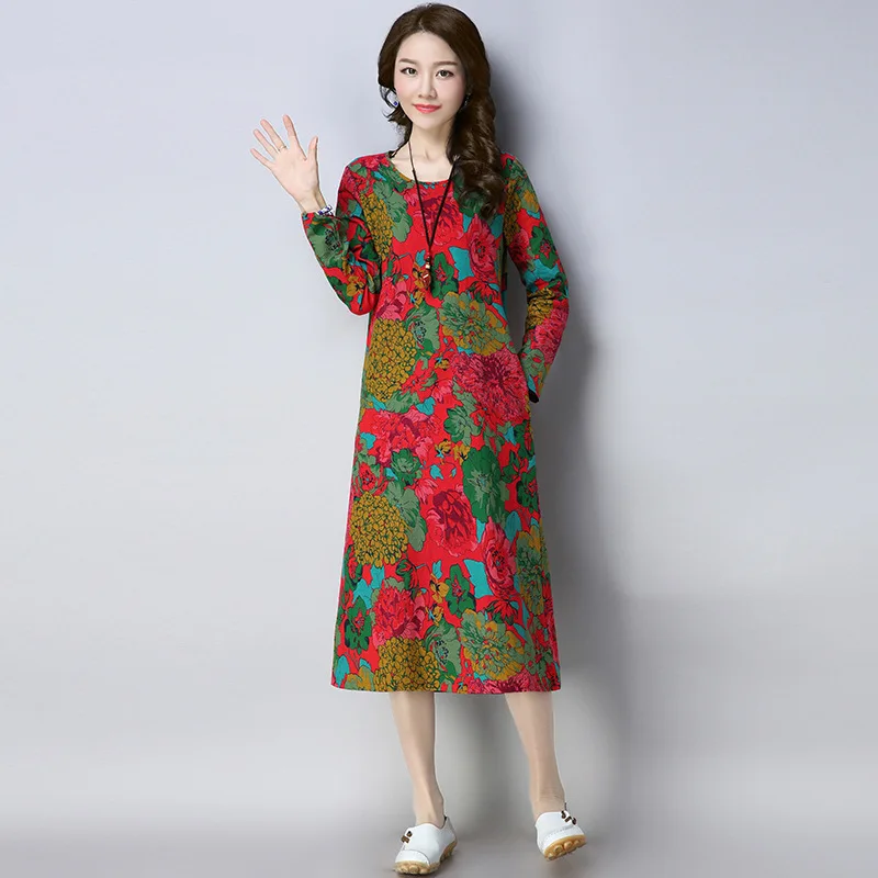 

2018 Spring New Style Retro Printed Long Sleeve Mid-length Cotton Linen Loose And Plus-sized Dress Women's Base Skirt