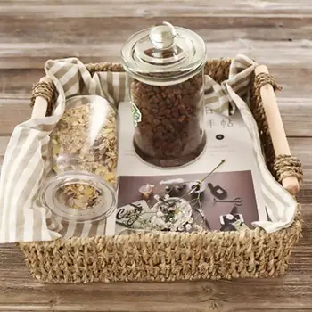 

Straw Basket Wooden Handle Table Simple Storage Basket For Sundries Cosmetics Key Bathroom Cosmetics Seaweed Storage Basket