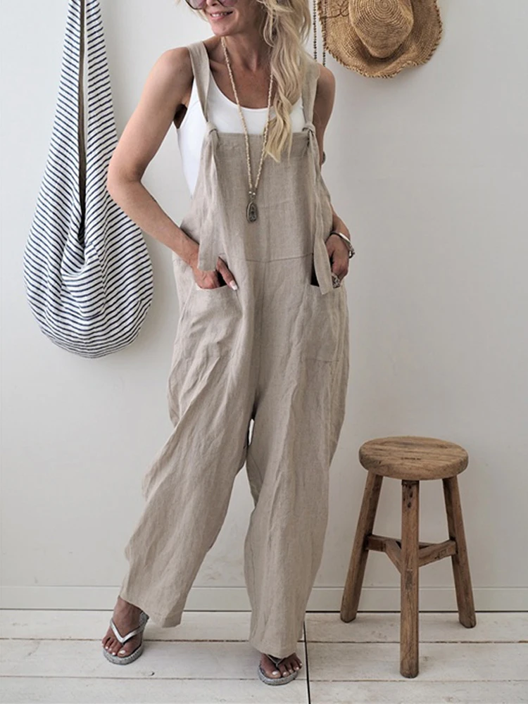 Mono de una pieza para mujer, petos informales holgados a la moda, pantalones recortados de camal ancho, Pelele de lino con bolsillos sólidos