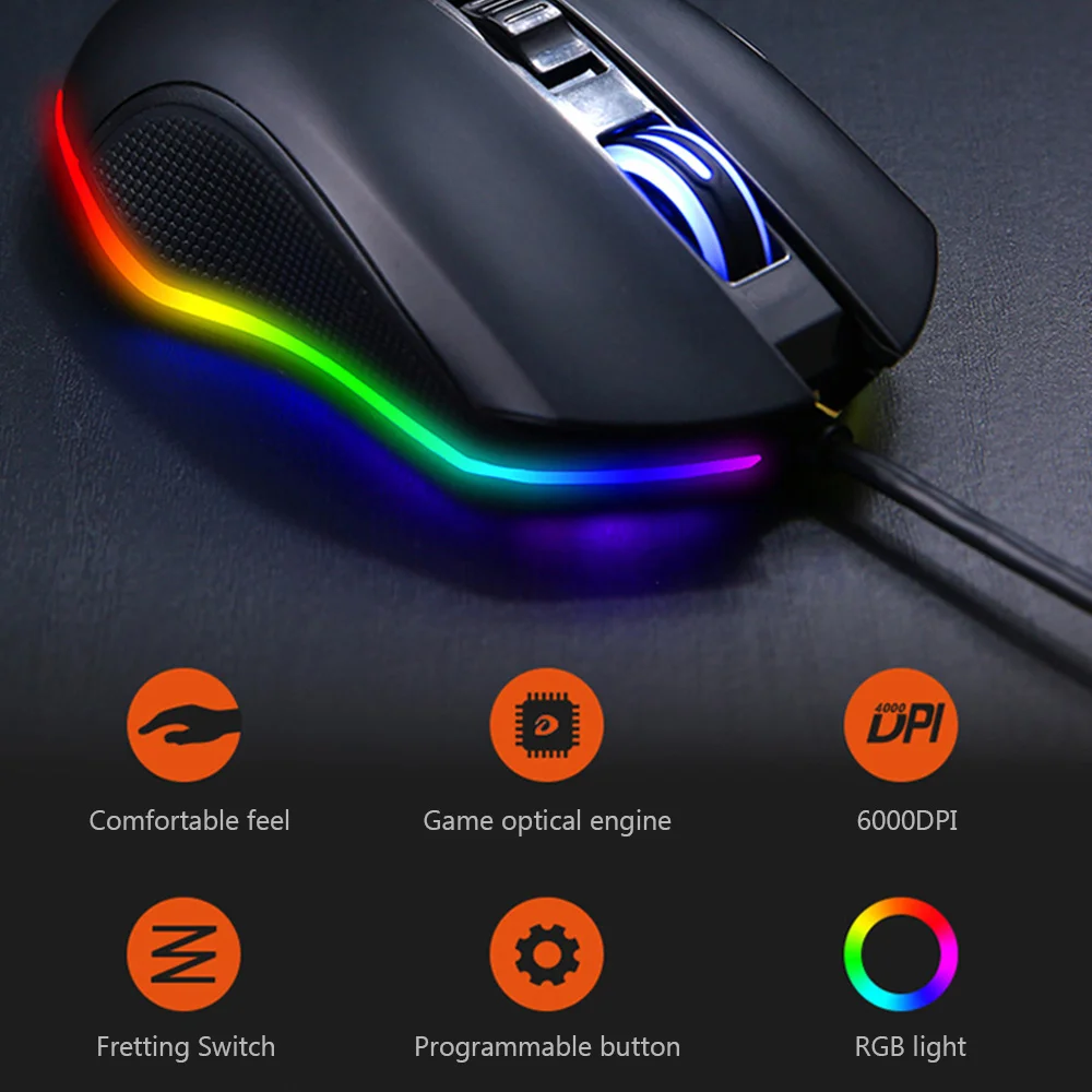 DAREU EM905 RGB Проводная игровая мышь 7 программируемая макро Кнопка 6000 dpi игровая оптическая ручка мыши с золотым соотношением размер для геймера
