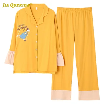 

New Cartoon Printing Long Sleeve Long Pants Sleepwear Fashion Style Casual Style Woman Clothes Turn Down Collar Pajamas Woman