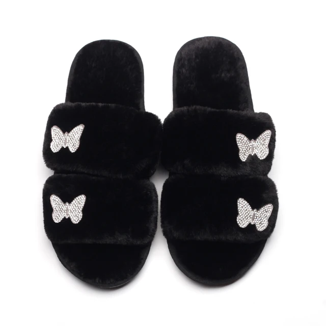 Women House Slippers Rhinestone Butterfly Decor Fluffy Slippers Double Strap Open Toe Furry Slides Flat Heel Winter Warm Shoes Black