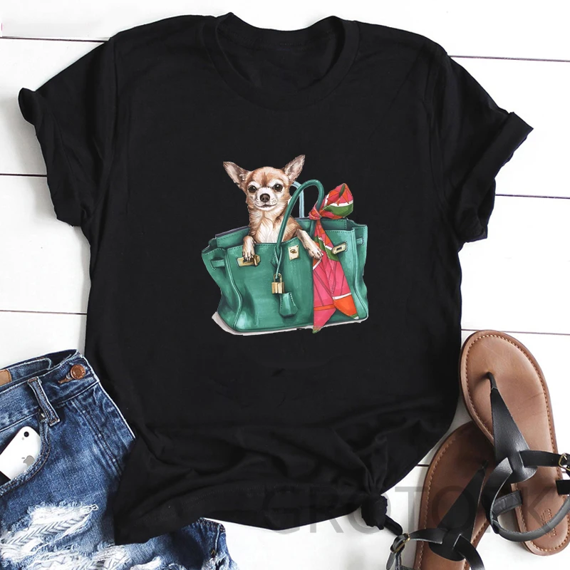 

2020 New Fashion Bag and Dog Print Harajuku T-shirts Women's Fashion T-shirt O-neck Short-sleeved Black Shirt Womens Clothing