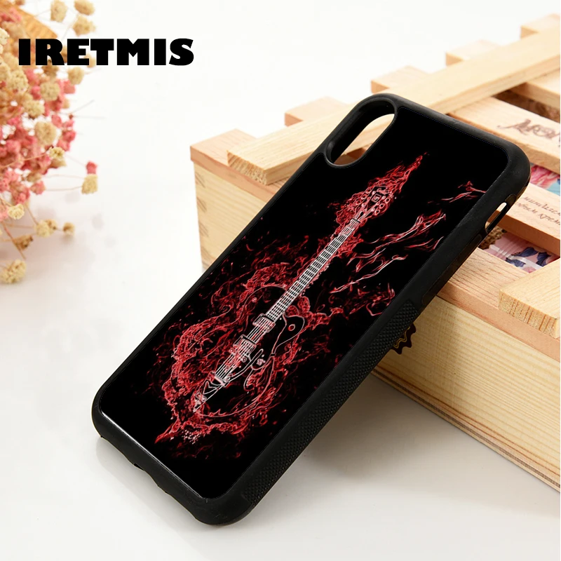 Iretmis 5 5S SE 6 6S phone case cover for iPhone 7 8 plus X Xs 11 Pro Max XR Red Guitar Fire Blaze Musical Instrument Flame | Мобильные